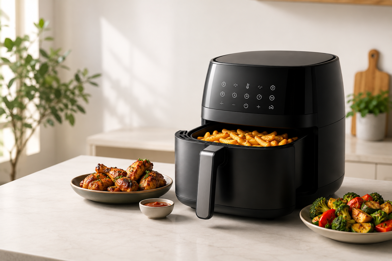 Air fryer with freshly cooked food
