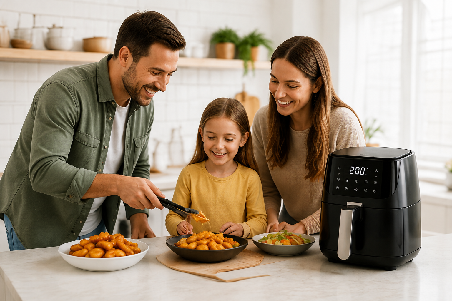 Family preparing food together with an air fryer